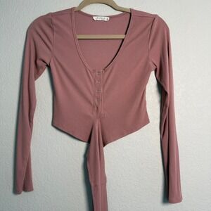 Illa‎ Illa Ribbed Long Sleeve Top Tie Front Crop Top Blouse Mauve Medium